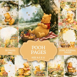 May include: A collection of digital junk journal pages featuring watercolor illustrations of a yellow bear character in various outdoor settings, including a picnic, a beehive, and a garden. The text reads POOH PAGES 38 PAGES PNG SIZE 8.5 X 11.