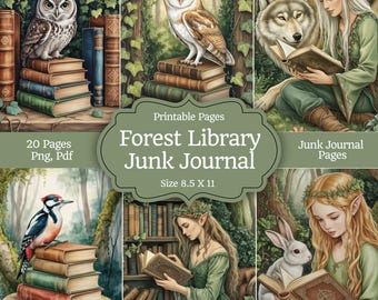 Woodland Animals Reading Books Junk Journal Kit, Digital Paper, Forest Library Printable Collage Sheets, Magic Fairies Ephemera