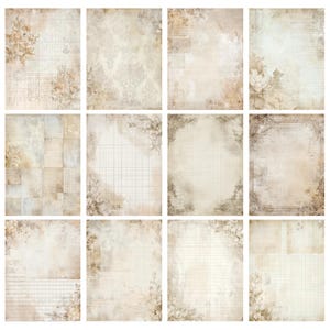 May include: A collection of twelve vintage-style scrapbook paper sheets. Each sheet features a cream-colored background with floral and script accents in shades of brown and beige. Some sheets have grid patterns, while others have a damask design.