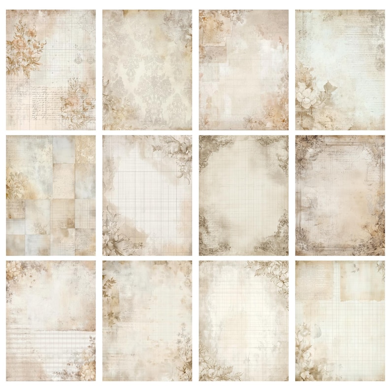 May include: A collection of twelve vintage-style scrapbook paper sheets. Each sheet features a cream-colored background with floral and script accents in shades of brown and beige. Some sheets have grid patterns, while others have a damask design.