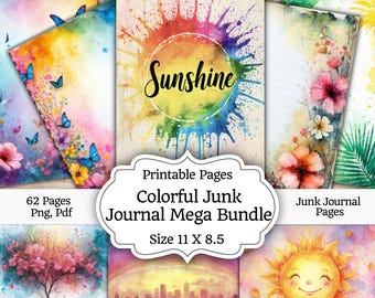 Colorful Junk Journal Kit Mega Bundle, Whimsy Rainbow Scrapbook Paper, Magical Fantasy Ephemera, Happy Digital Collage Pages, 100 Designs