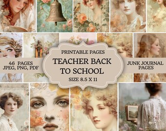 Może przedstawiać: Kolaż stron do druku w stylu vintage z ilustracjami kwiatowymi i portretami. Tekst na stronach brzmi "Teacher Back to School" i "Junk Journal Pages". Strony mają wymiary 21,6 x 27,9 cm i są dostępne w formatach JPEG, PNG i PDF.