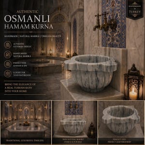 Könnte beinhalten: Ein Hamam Kurna aus Marmor, ein traditionelles türkisches Badebecken, mit geriffeltem Design. Das Becken besteht aus Naturmarmor und wird mit Wasser gezeigt, das aus einem Messinghahn fließt. Das Bild enthält den Text "Authentic Osmanli Hamam Kurna".
