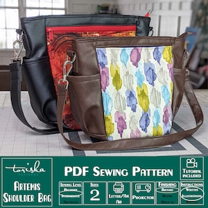 Zipper shoulder bag PDF sewing pattern, slouchy bag, video tutorial, projector and A0 files