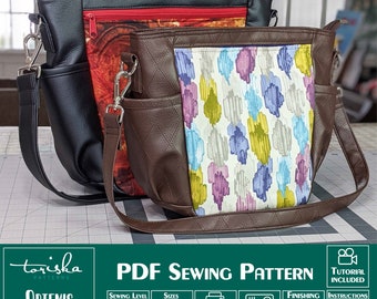 Zipper shoulder bag PDF sewing pattern, slouchy bag, video tutorial, projector and A0 files