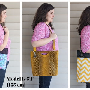 May include: Three different tote bags with black straps and a variety of fabric patterns. The model is 5'1" (155 cm) tall.