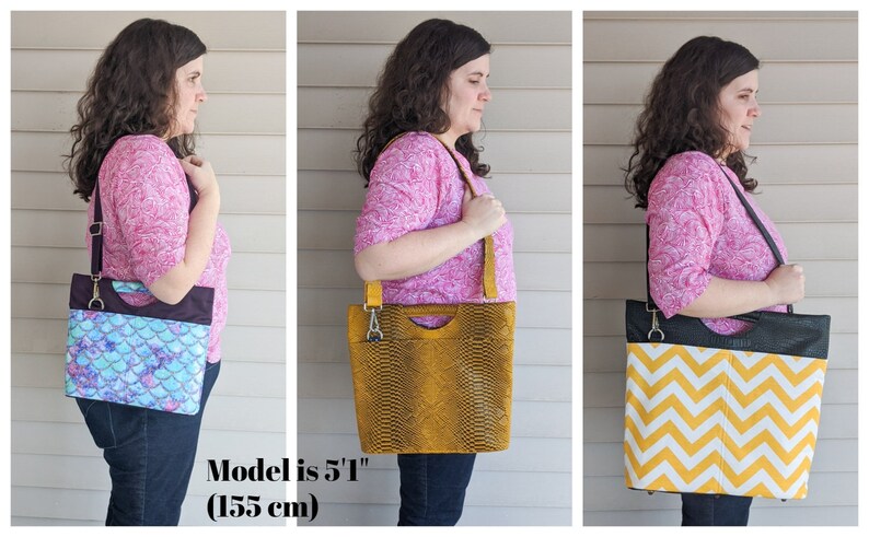 May include: Three different tote bags with black straps and a variety of fabric patterns. The model is 5'1" (155 cm) tall.