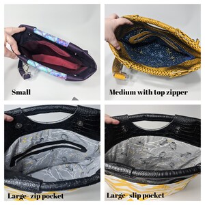 May include: Four different sizes of handbags with different interior features. The smallest bag is purple with a blue and purple floral lining. The medium bag is yellow with a blue and white dragonfly lining. The two largest bags are black with a gray and white bird print lining. One large bag has a zipper pocket and the other has a slip pocket.