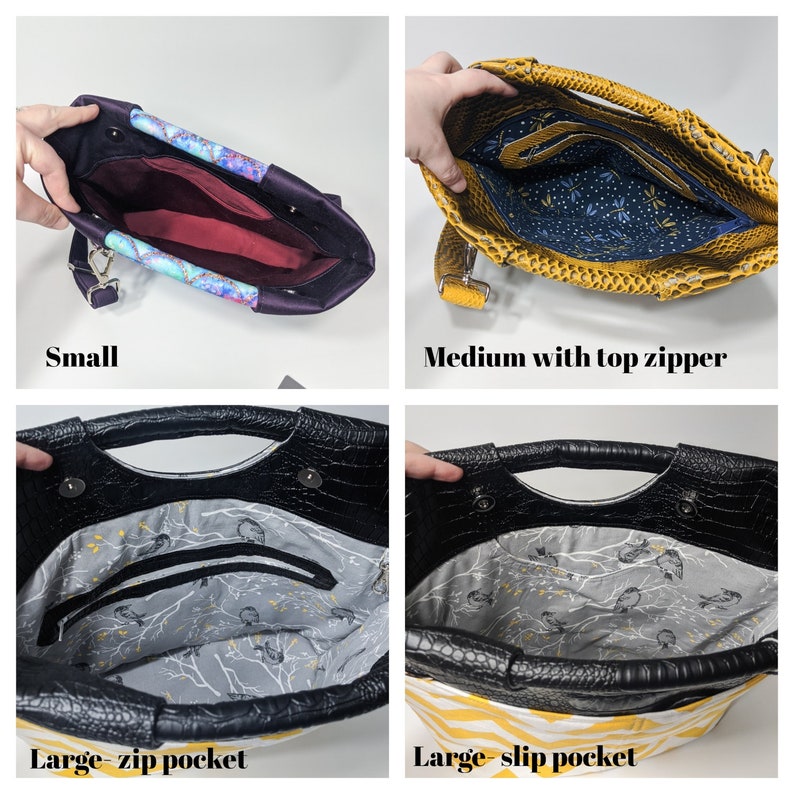 May include: Four different sizes of handbags with different interior features. The smallest bag is purple with a blue and purple floral lining. The medium bag is yellow with a blue and white dragonfly lining. The two largest bags are black with a gray and white bird print lining. One large bag has a zipper pocket and the other has a slip pocket.