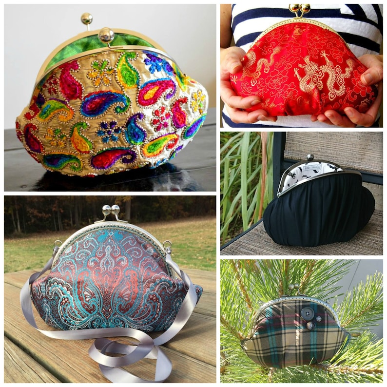 May include: Four different styles of vintage-inspired purses with ornate details. The purses are made of various fabrics, including paisley, brocade, and plaid. Each purse has a unique design and features a metal clasp.