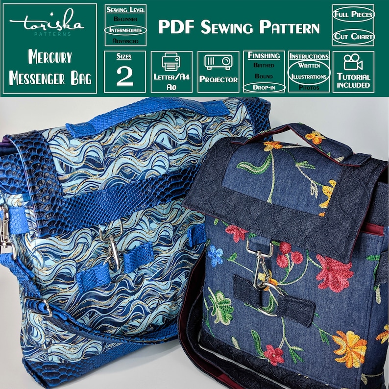 Messenger Bag, laptop bag PDF sewing pattern, crossbody or shoulder image 1