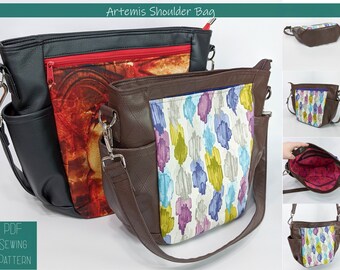 Zipper shoulder bag PDF sewing pattern, slouchy bag, video tutorial, handbag