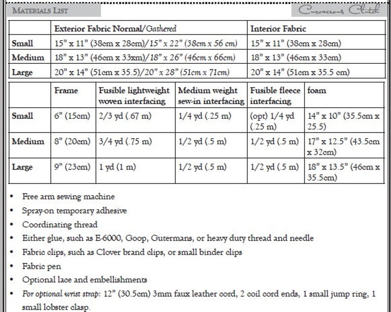 May include: A materials list for a sewing project, with measurements in inches and centimetres, for different sizes of a clutch bag. The list includes exterior and interior fabric, frame, fusible interfacing, and foam.