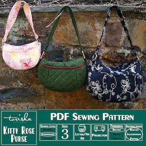 Hobo bag PDF sewing pattern, slouchy shoulder bag with zipper, Projector and A0 files