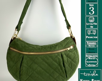 Hobo shoulder bag purse PDF sewing pattern, zippered handbag with pockets