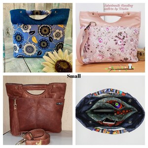 May include: Four different handbags with various patterns and colors. The handbags have a top handle and a shoulder strap. The text "Suburbanite Handbag pattern by Toriska" is visible in the top right corner of the image. The text "Small" is visible in the bottom center of the image.