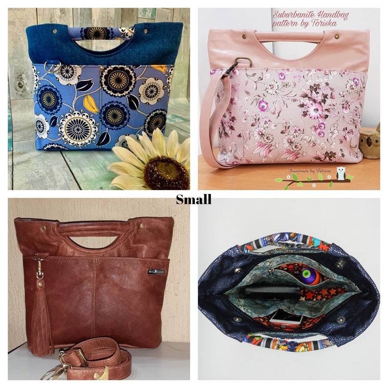 May include: Four different handbags with various patterns and colors. The handbags have a top handle and a shoulder strap. The text "Suburbanite Handbag pattern by Toriska" is visible in the top right corner of the image. The text "Small" is visible in the bottom center of the image.