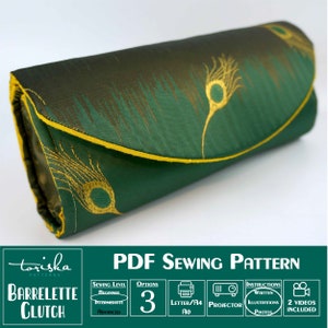 May include: A green and gold fabric clutch with a peacock feather design. The clutch is a sewing pattern with three options, instructions, and two videos included. The pattern is available in letter/A4 or A0 sizes.