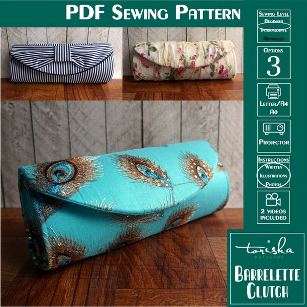 Barrel clutch purse PDF sewing pattern, clutch bag with flap