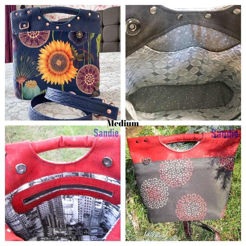 May include: Four different views of a tote bag with a top handle. The bag is made of a dark blue fabric with a floral pattern and a red fabric with a geometric pattern. The bag has a zipper closure and a top handle. The bag is lined with a gray fabric. The bag is available in two sizes: medium and large.