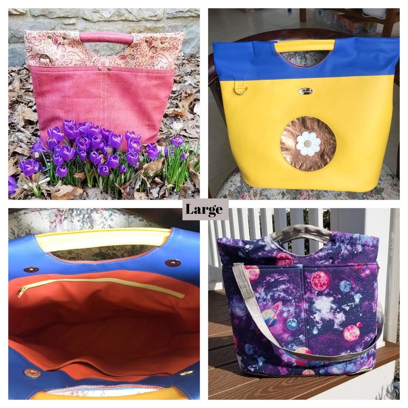 May include: Three different tote bags with different designs. The first bag is pink with a floral pattern and a brown handle. The second bag is yellow with a blue top and a white flower design. The third bag is purple with a galaxy print and a brown handle.