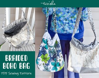 Easy slouchy boho style bag braided handle, PDF sewing pattern with video tutorial