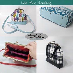 Puede incluir: Cuatro estilos diferentes del bolso Lyla May, un bolso peque&ntilde;o de inspiraci&oacute;n vintage con cierre de broche met&aacute;lico. Los bolsos se muestran en varios colores y patrones, incluyendo un estampado floral, un patr&oacute;n geom&eacute;trico, una tela escocesa roja y negra y una tela escocesa negra y blanca.