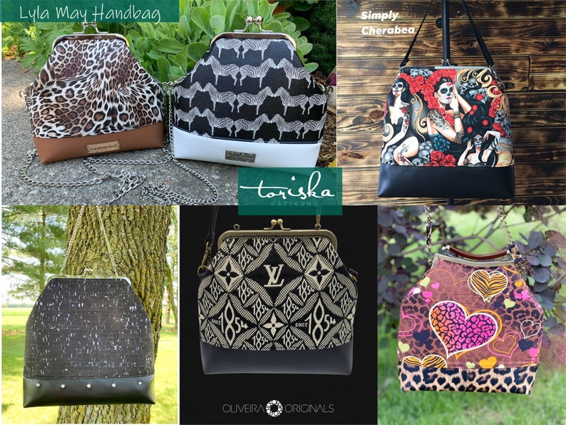 Puede incluir: Cinco bolsos Lyla May diferentes con varios patrones y dise&ntilde;os. Los bolsos son todos negros con un cierre dorado y una correa de cadena. Los patrones incluyen estampado de leopardo, estampado de cebra, un dise&ntilde;o de calavera y flores, un patr&oacute;n inspirado en Louis Vuitton y un dise&ntilde;o de coraz&oacute;n rosa y marr&oacute;n.