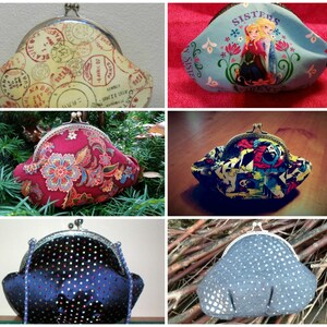 May include: A collection of six different fabric coin purses. The purses are all in different colours and patterns, including a blue purse with a floral pattern and the word "Sisters" on it, a red purse with a floral pattern, a black purse with a polka dot pattern, a grey purse with a polka dot pattern, a yellow purse with a stamp pattern, and a multi-coloured purse with a comic book pattern.