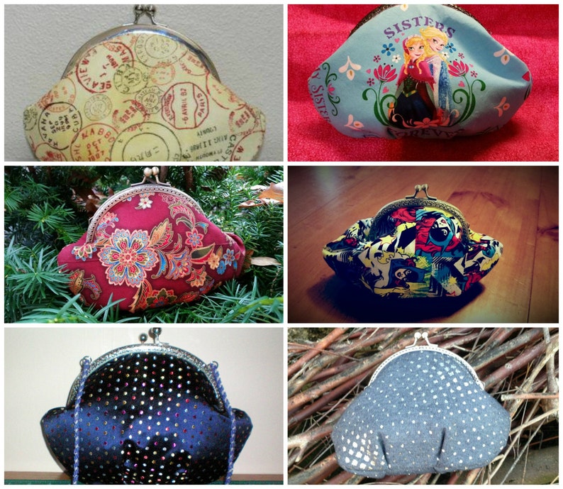 May include: A collection of six different fabric coin purses. The purses are all in different colours and patterns, including a blue purse with a floral pattern and the word "Sisters" on it, a red purse with a floral pattern, a black purse with a polka dot pattern, a grey purse with a polka dot pattern, a yellow purse with a stamp pattern, and a multi-coloured purse with a comic book pattern.