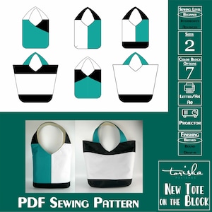 Easy tote bag, color block tote, shoulder bag purse pattern, projector and A0 file