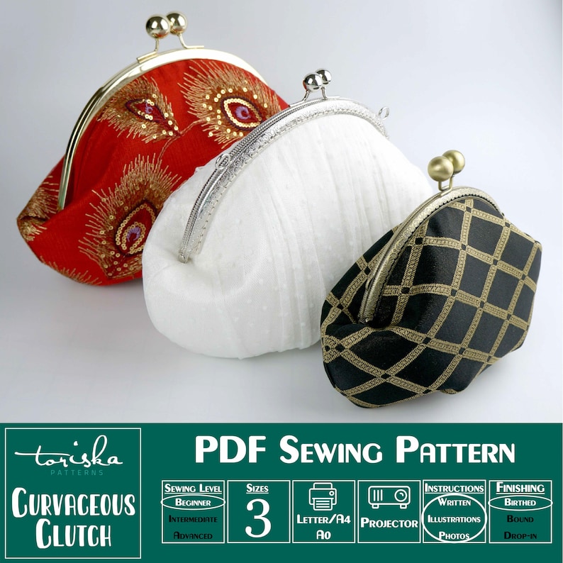 May include: Three different styles of fabric clutch purses. The purses are all closed and have a gold metal frame. The purses are on a white background. The image also includes text that says "PDF Sewing Pattern" and "Curvaceous Clutch".