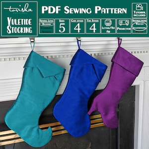 May include: Three Christmas stockings hanging on a fireplace mantel. The stockings are teal, blue, and purple. The stockings are made of a satin-like fabric. The image includes the text "YULETIDE STOCKING" and "PDF SEWING PATTERN".