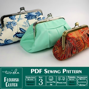 Frame clutch purse PDF sewing pattern, Flourish Clutch by Toriska image 1