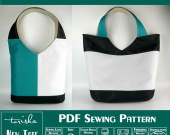 Color block tote bag PDF sewing pattern, large tote, zipper option