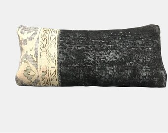 Black Overdyed with Cream White Pillow Cushion Cover Vintage Turkish Rug Extra long Lumbar Pillow ,13” x 27” inches )