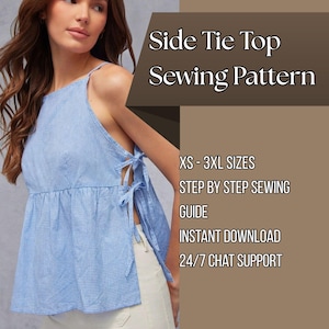 Side Tie Top Sewing Pattern: Women Sewing Pattern, Blouse Pattern, Tie Top Pattern, Sewing Patterns for Beginner Top, Peplum Blouse