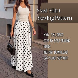 Puede incluir: Una falda larga blanca con lunares negros, combinada con una camiseta sin mangas blanca y un bolso negro. El texto en la imagen dice: Maxi Skirt Sewing Pattern, XXS - 7XL SIZES, STEP BY STEP SEWING GUIDE, INSTANT DOWNLOAD, 24/7 CHAT SUPPORT.