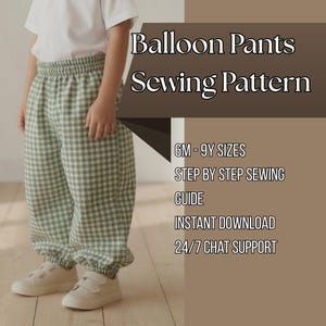 Puede incluir: Patrón de costura para pantalones tipo globo con estampado de cuadros vichy en verde y blanco, cintura elástica y puños. El texto incluye: Balloon Pants Sewing Pattern, 6M-9Y Sizes, Step by Step Sewing Guide, Instant Download, 24/7 Chat Support.
