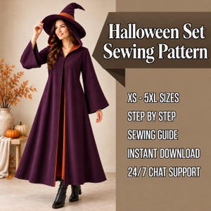 Witch Set Sewing Pattern: Flare Sleeve Hooded Cloak, Halloween Wizard Hat Beginner Sewing Tutorial, Halloween Costume Adult DIY