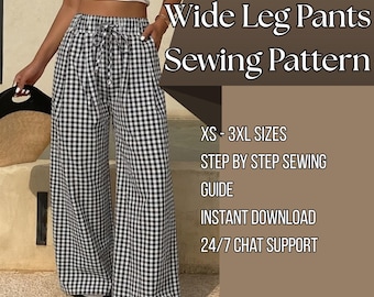 Peut inclure: Patron de couture pour pantalon large à carreaux vichy noir et blanc, doté d'une taille élastique avec cordon de serrage. Le texte sur l'image indique : Wide Leg Pants Sewing Pattern, XS - 3XL SIZES, STEP BY STEP SEWING GUIDE, INSTANT DOWNLOAD, 24/7 CHAT SUPPORT.