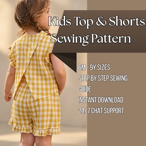May include: A sewing pattern for a kids top and shorts set featuring a yellow and white gingham check fabric. The text reads: Kids Top & Shorts Sewing Pattern, 6M - 9Y SIZES, STEP BY STEP SEWING GUIDE, INSTANT DOWNLOAD, 24/7 CHAT SUPPORT.
