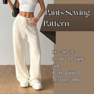 Puede incluir: Un pantalón ancho de color blanco roto con textura acanalada y cintura con cordón. La imagen incluye el texto: Pants Sewing Pattern, XXS - 3XL SIZES, STEP BY STEP SEWING GUIDE, INSTANT DOWNLOAD, 24/7 CHAT SUPPORT.