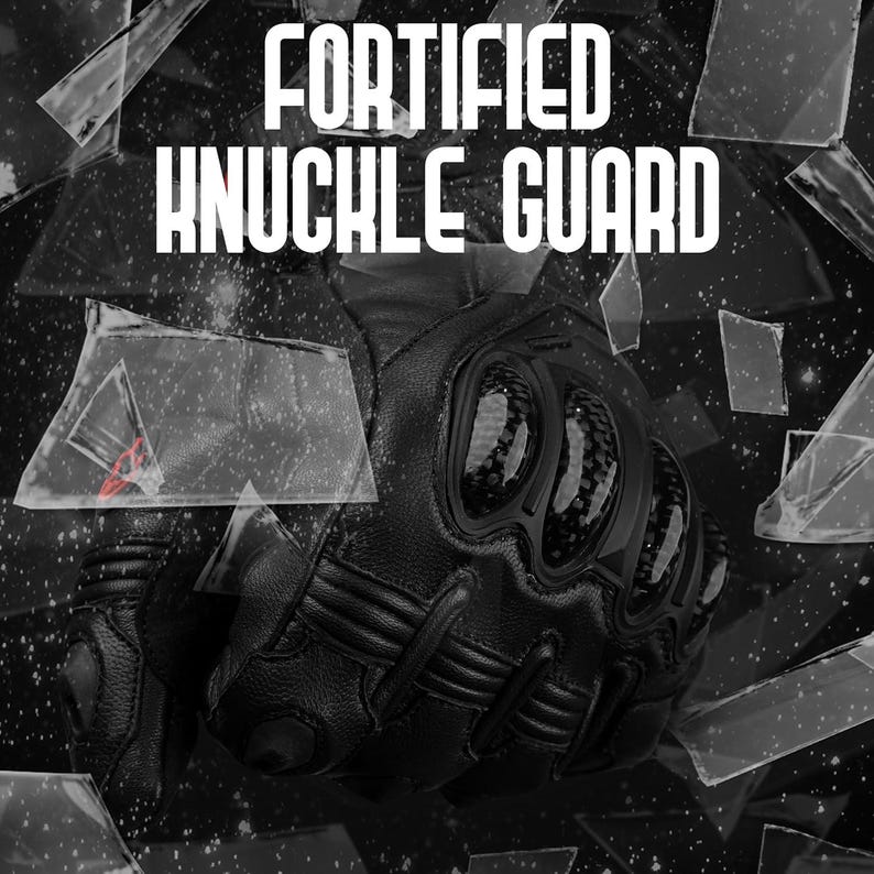 May include: Black leather glove with reinforced knuckle protection. The glove features carbon fiber accents and is designed for impact resistance. The words "FORTIFIED KNUCKLE GUARD" are displayed in white block letters.