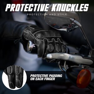 May include: Black motorcycle gloves with white stitching and protective padding on each finger. The gloves are on a motorcycle handlebar. The text on the image reads "PROTECTIVE KNUCKLES" and "PROTECTION AND STYLE".