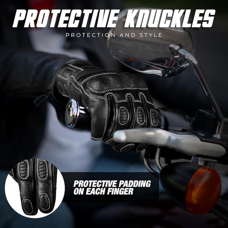 May include: Black motorcycle gloves with white stitching and protective padding on each finger. The gloves are on a motorcycle handlebar. The text on the image reads "PROTECTIVE KNUCKLES" and "PROTECTION AND STYLE".