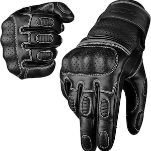 May include: Black leather motorcycle gloves with white stitching. The gloves have perforated sections for ventilation and reinforced padding on the knuckles and palms. The gloves are designed for protection and grip.