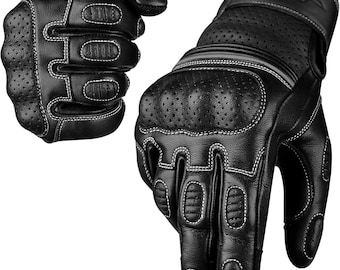 Leather Motorcycle Gloves – Perforated, Knuckle Protection, Touchscreen