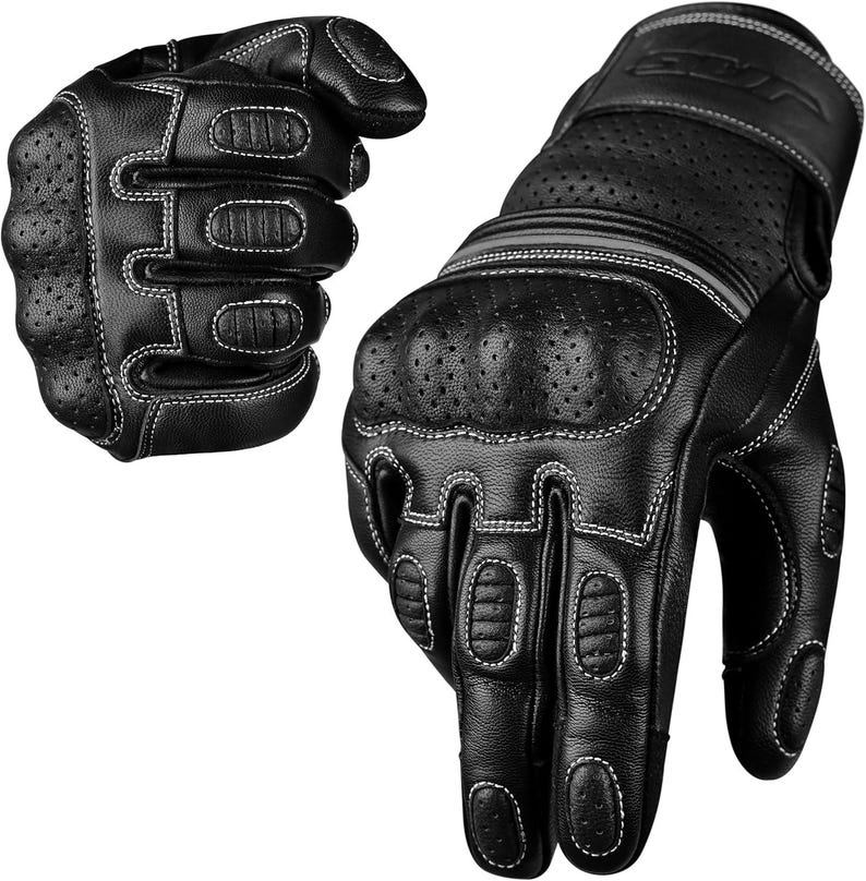 May include: Black leather motorcycle gloves with white stitching. The gloves have perforated sections for ventilation and reinforced padding on the knuckles and palms. The gloves are designed for protection and grip.