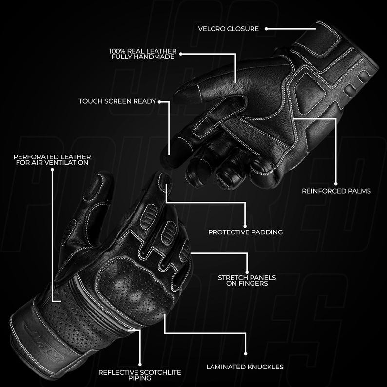 May include: Black leather gloves with white stitching, featuring perforated leather for ventilation, reinforced palms, and laminated knuckles. The gloves are touch screen ready and have reflective Scotchlite piping. They are 100% real leather and fully handmade.